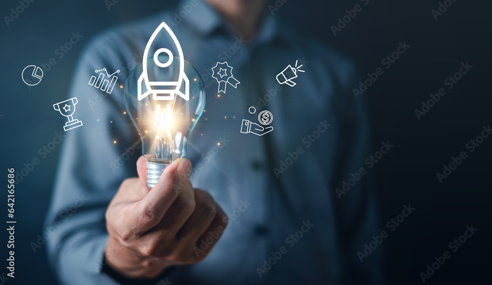 Wall mural idea, light bulb, rocket, innovation, technology, business, development, imagination, inspiration, i