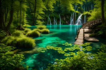 Waterfall in the forest  Lakes is a captivating tapestry of emerald-green lakes, cascading waterfalls, and lush forests. This natural masterpiece has earned its place