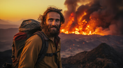 Generative AI, male scientist volcanologist on the background of an erupting volcano, the study of tectonic plates, lava, magma, earthquake, volcanology, crater, fire, traveler, brave man, eruption