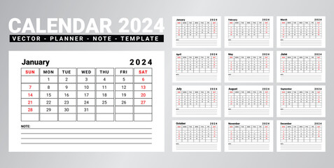 minimal 2024 calendar design with note space vector template