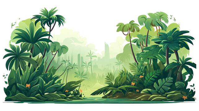 jungle vector flat minimalistic, rain forest, various plants and animals illustration isolated on white background. Generative AI