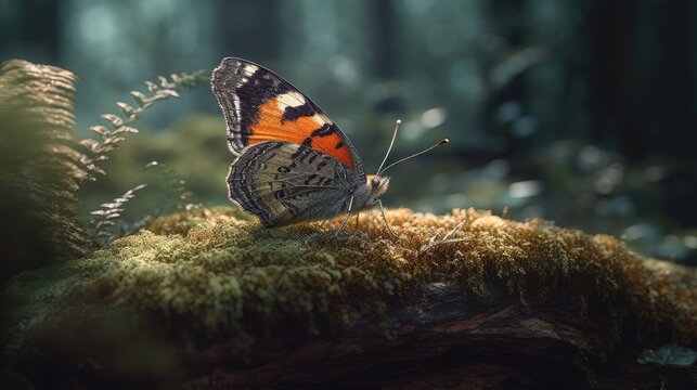 Illustration of a butterfly perched on a tree branch in the middle of a forest