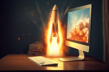 Rocket coming out of desktop computer screen. beautiful Generative AI AIG32