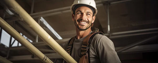 Poster Smiling worker on roof construction on ledder with work uniform an hard hat. © Michal