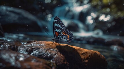 Fototapeta na wymiar Illustration of a butterfly perched on a tree branch in the middle of a forest