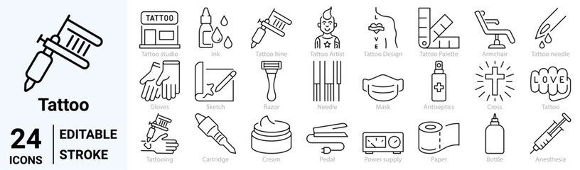 Tattoo line icon set. Tattoo machine, needle, paint, sketch, piercing. Editable stroke. Vector illustration
