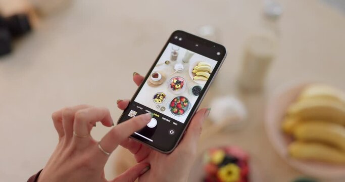 Phone screen, camera app and food blog with hands, photography art, top of ingredients and content creation. Influencer, breakfast and person, cellphone for picture and creativity for social media