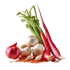 Fresh organic vegetables including red hot chili pepper garlic and onion transparent background