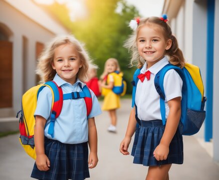 Back to school. Happy children ready for primary school. Pupils on first day of school. Girls and boys with backpacks. Education for kindergarten and preschool kids.