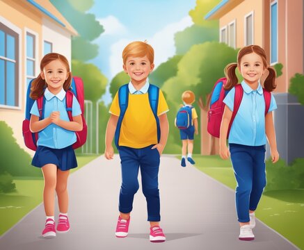 Back to school. Happy children ready for primary school. Pupils on first day of school. Girls and boys with backpacks. Education for kindergarten and preschool kids.