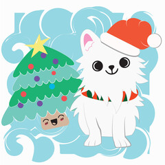 Cute dog cartoon character next to a happy christmas tree Vector