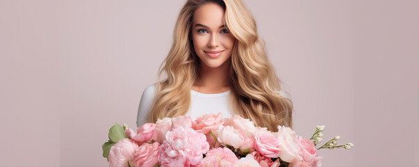 Beautiful slim girl with long blond hair with pink flowers. On white or light background.