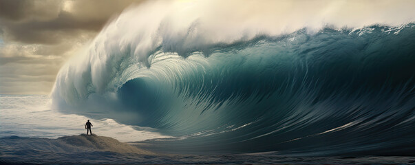 Big wave comming on the beach in front of man