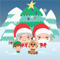 Fototapeta na wymiar Cute santa claus family cartoons on a winter landscape Vector
