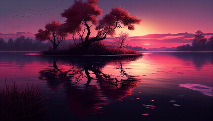 Fototapeta na wymiar Beautiful pink sunset on a lake, Ai generated image