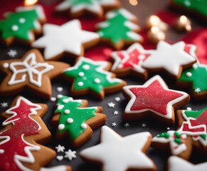 Fototapeta na wymiar Background image of partially blurred gingerbread cookies in shape of christmas trees, stars, hearts