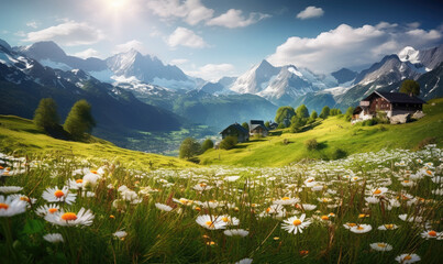 Breathtaking alpine landscape with vibrant wildflowers in the foreground and majestic mountains...
