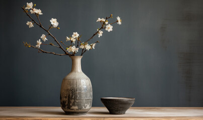 Close-up of a rustic Japanese clay vase in wabi-sabi style. Created by AI