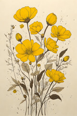 a vibrant, minimalist drawing of yellow flowers with an arched back and a stick-and-poke style using earthy tones. Generative AI