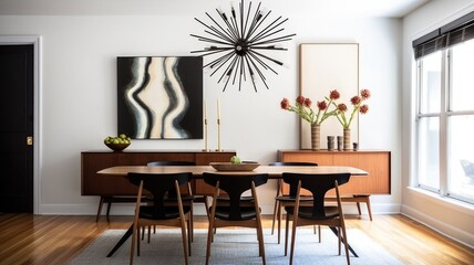 Interior design inspiration of Mid-Century Modern Scandinavian style home dining room loveliness decorated with Wood and Leather material and Sputnik Chandelier .Generative AI home interior design .