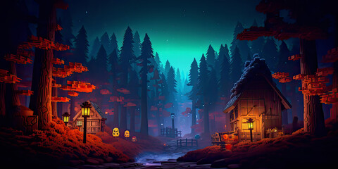 Halloween landscape. Pumpkins In Graveyard In The Spooky Night - Halloween Backdrop. Jack 'O Lanterns In Cemetery In Spooky Night With Full Moon. Minecraft style