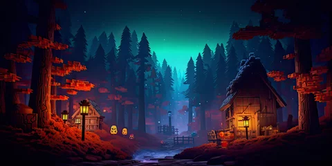 Gordijnen Halloween landscape. Pumpkins In Graveyard In The Spooky Night - Halloween Backdrop. Jack 'O Lanterns In Cemetery In Spooky Night With Full Moon. Minecraft style © KRISTINA KUPTSEVICH