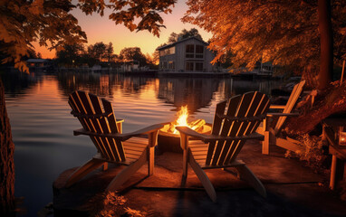 Fototapeta na wymiar Two wooden chairs stand on the shore of a lake near a bonfire at sunset.