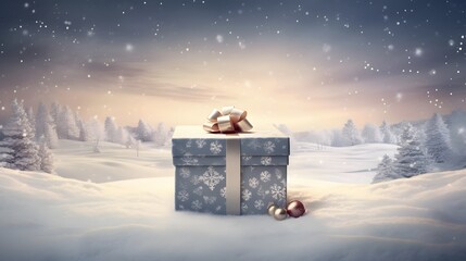 A beautifully wrapped gift box with a festive bow sitting on a snowy background