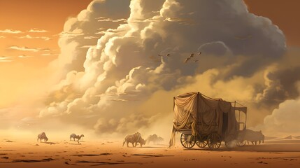 A covered wagon in the desert