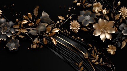luxurious seamless pattern with enchanting floral shapes and luxurious black silk textures complemented by gold details.