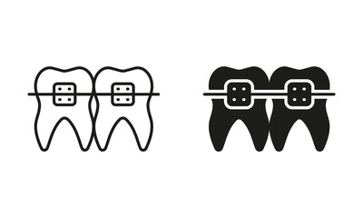 Braces Teeth Silhouette and Line Icons Set. Dentist's Oral Health Care. Orthodontic Brace, Jaw and Tooth Correction. Dental Treatment, Dentistry Symbol Collection. Isolated Vector Illustration