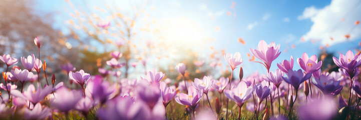 Natural autumn background with delicate lilac crocus flowers on blue sky banner