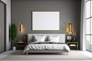Wall art mockup. One horizontal blank frame with wooden border. Bedroom with gray wall background