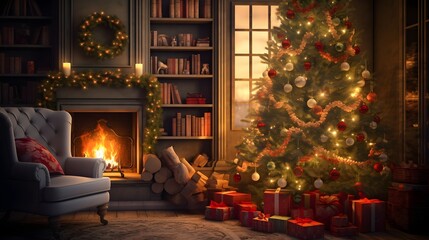 Fototapeta na wymiar A cozy living room decorated for Christmas with a glowing fireplace and a beautifully adorned Christmas tree