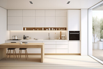 Fototapeta na wymiar Interior of minimal modern decor style kitchen with shelves, counter bar and cook zone, Home dinning room with contemporary design.