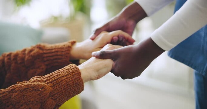 Hands, support or care with a senior and caregiver in an assisted living residence for help or healthcare. Community, medical and empathy with a nurse in a retirement home for elderly assistance