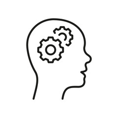 Human Development Line Icon. Brain and Cog Wheel, Education Concept Linear Pictogram. Strategic Development Outline Sign. Intellectual Process Symbol. Editable Stroke. Isolated Vector Illustration