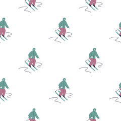 Winter sports seamless pattern. Skiers on the slope.