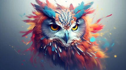 Gordijnen 3D rendering of an abstract owl portrait with a colorful double exposure paint effect. © Ahtesham