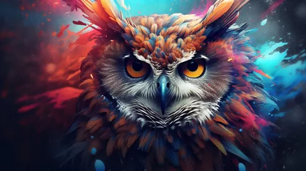 Tuinposter 3D rendering of an abstract owl portrait with a colorful double exposure paint effect. © Ahtesham