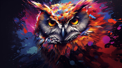 3D rendering of an abstract owl portrait with a colorful double exposure paint effect.