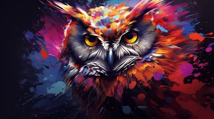 Fotobehang 3D rendering of an abstract owl portrait with a colorful double exposure paint effect. © Ahtesham