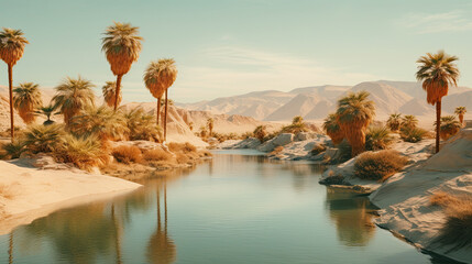 An oasis in the desert with trees, desert lake, landscape photography