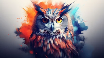 Zelfklevend Fotobehang 3D rendering of an abstract owl portrait with a colorful double exposure paint effect. © Ahtesham