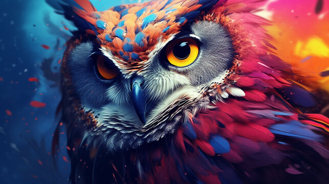 a captivating 3D rendering of an abstract owl portrait with a colorful double exposure paint effect