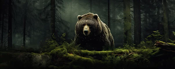 Schilderijen op glas Grizzly bear in forest. wide banner © Michal