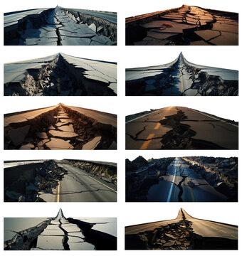 collection of cracked highway. cracked road. cracked street. Earthquake disaster. Post apocalyptic. Post war.