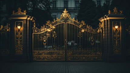 Golden gated entrance to a mansion, gold and black, night photography