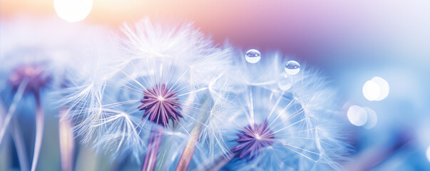 Beautiful dew drops on dandelion plant, blue violet color background. - obrazy, fototapety, plakaty