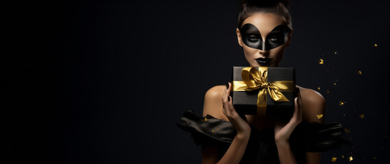 Beautiful model with black lips and painted face mask holding present box with bow on dark background with golden sparks. Black friday and sales theme. Holidays concept